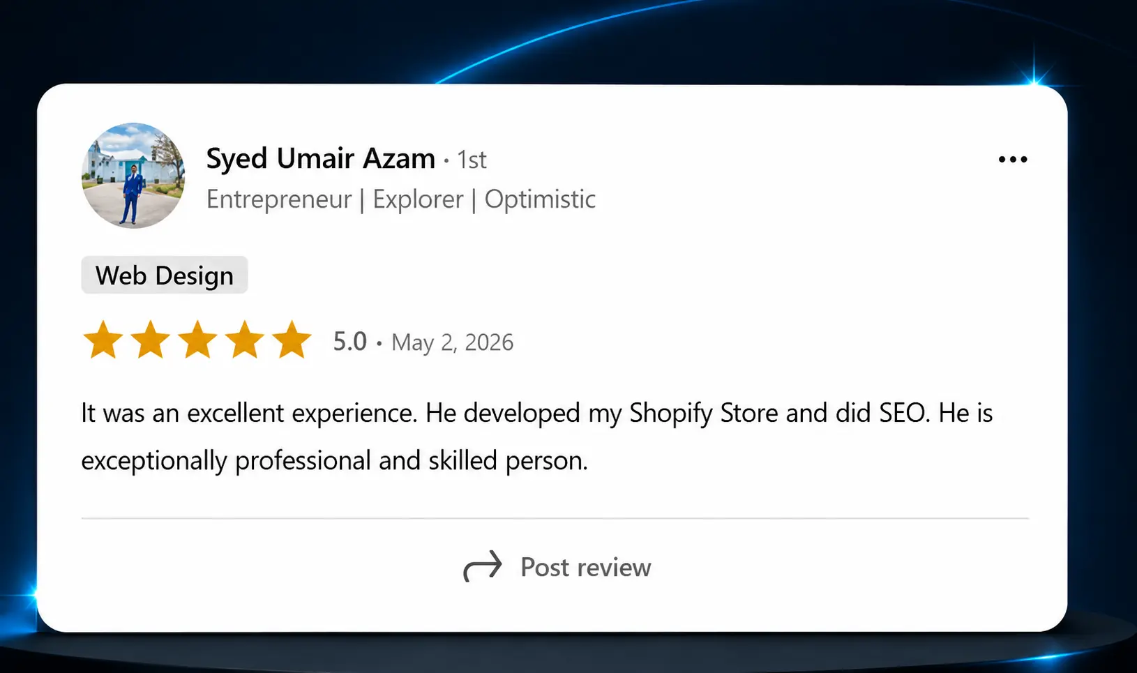 Client review for Padrena Shopify development and SEO project